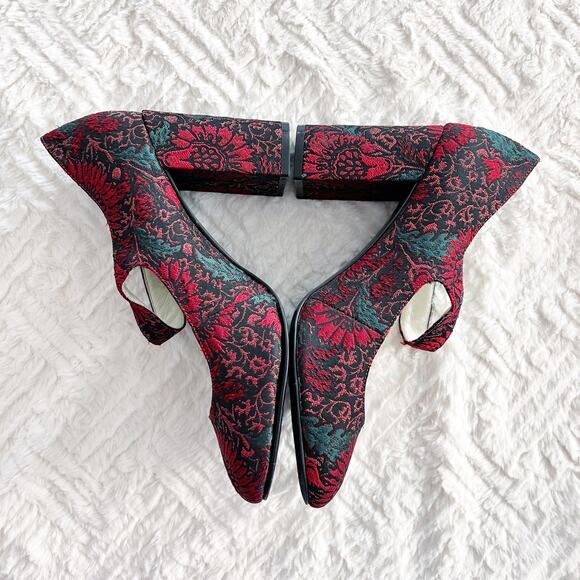 1901 Red Floral Brocade Mary Jane Heels with Pearl Detail - Picture 7 of 10